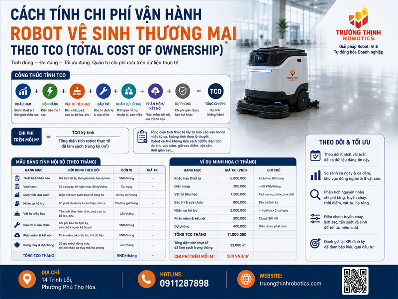 Cách tính chi phí vận hành robot vệ sinh thương mại theo TCO