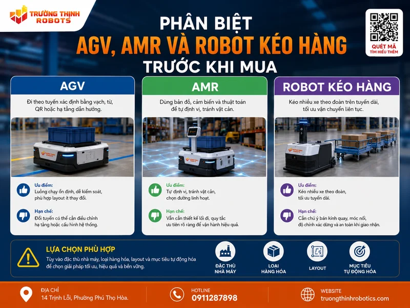 Phân biệt AGV, AMR và robot kéo hàng trước khi mua