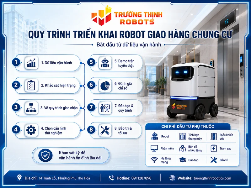 Quy trình triển khai robot giao hàng chung cư từ khảo sát đến vận hành