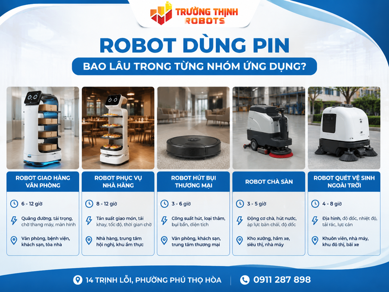Robot dùng pin bao lâu trong từng nhóm ứng dụng?