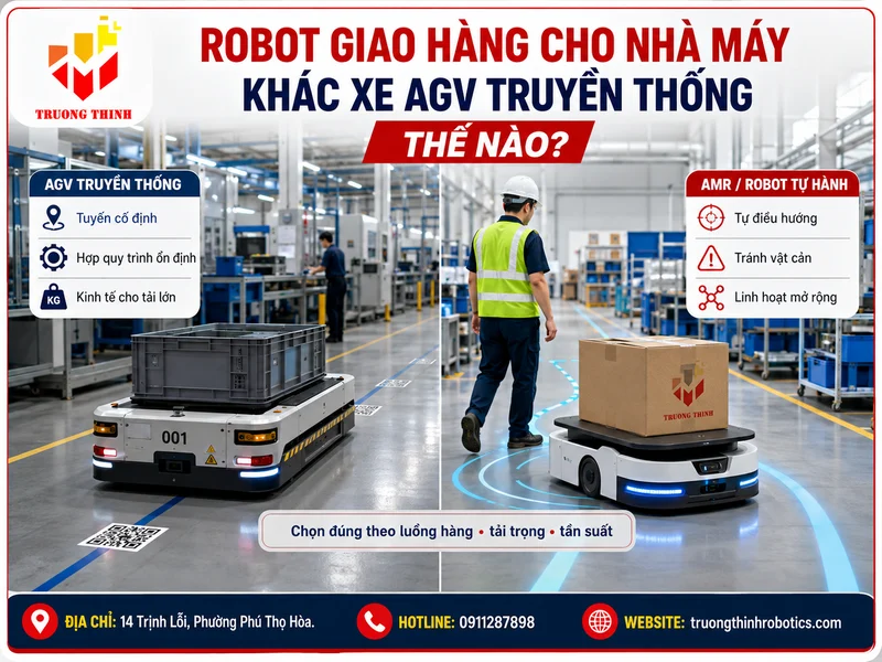 Robot giao hàng cho nhà máy khác xe AGV truyền thống như thế nào? 