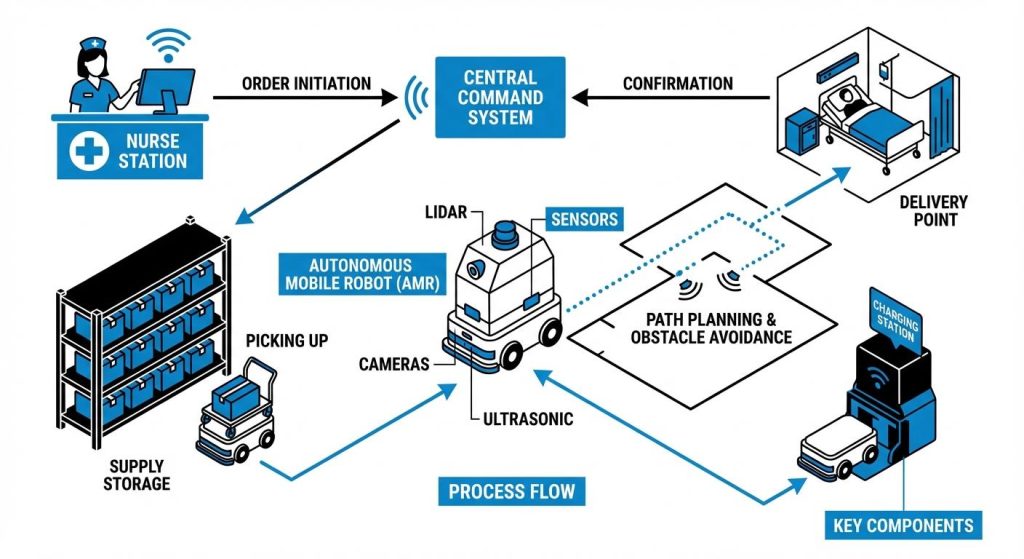 Từ lúc nhận yêu cầu đến khi giao xong: robot dịch vụ y tế xử lý một nhiệm vụ ra sao?